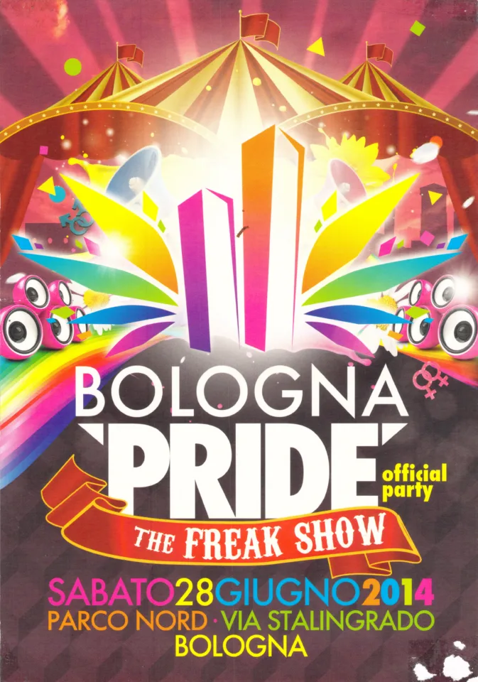 Front view of the flyer for the event by Bologna Pride that took place on 2014-06-28