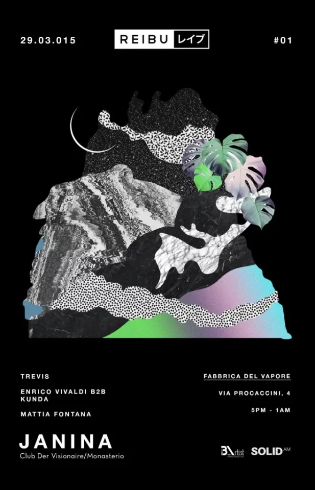 Front view of the flyer for the event by REIBU レイブ and Fabbrica del Vapore that took place on 2015-03-29