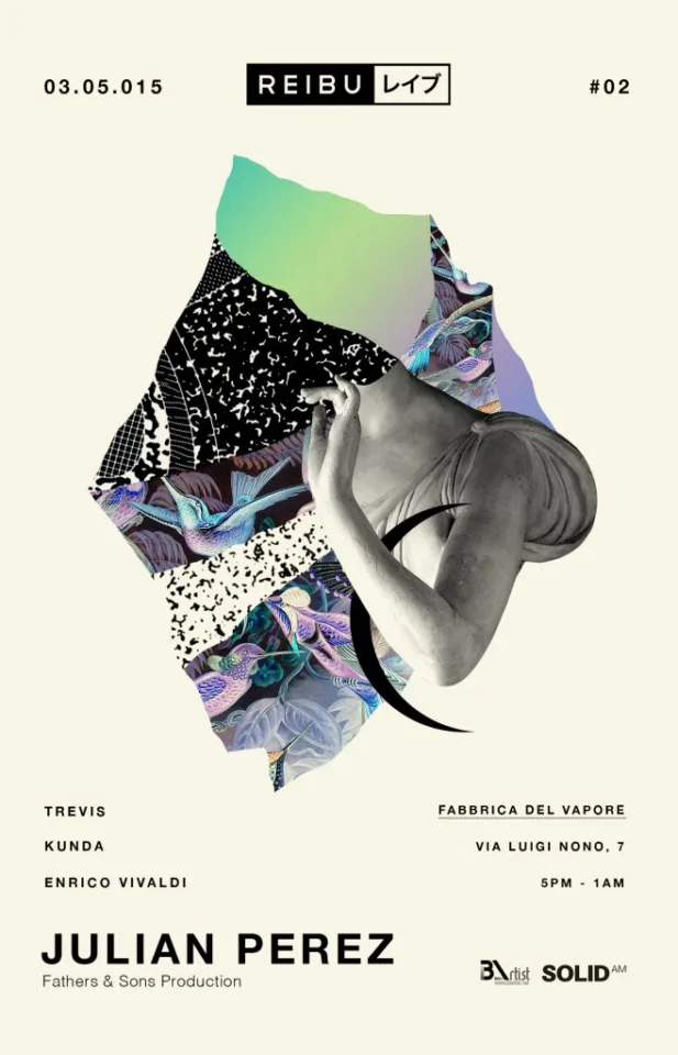 Front view of the flyer for the event by REIBU レイブ and Fabbrica del Vapore that took place on 2015-05-03