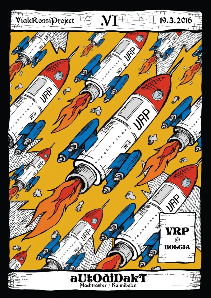 Front view of the flyer for the event by VialeRossiProject and Bolgia that took place on 2016-03-19