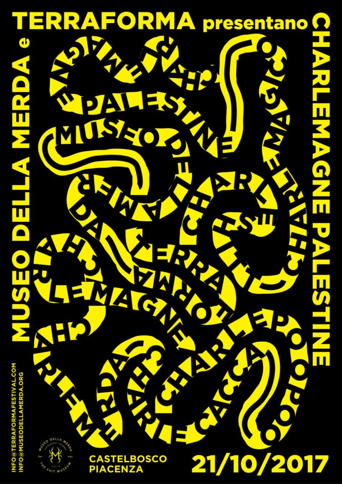 Front view of the flyer for the event by Terraforma, Threes, Museo della merda, and Castelbosco that took place on 2017-10-21