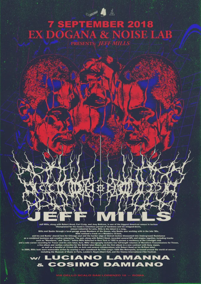 Front view of the flyer for the event by Ex Dogana and Noise Lab that took place on 2018-09-07