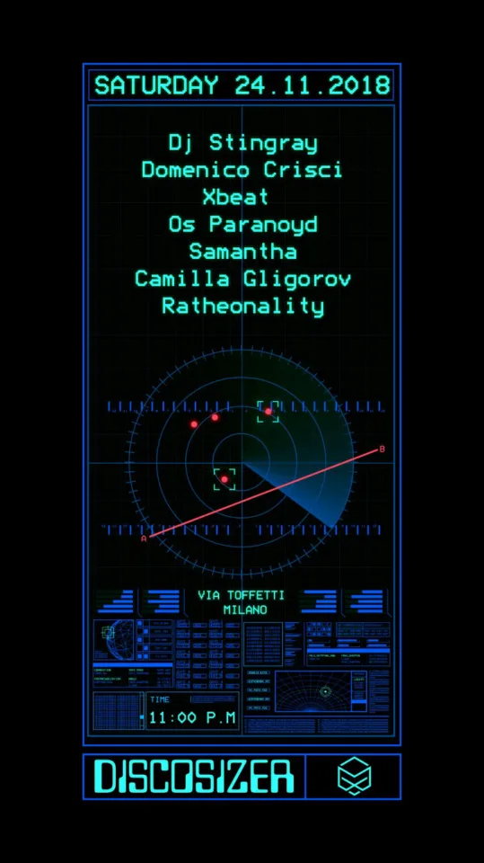 Front view of the flyer for the event by Discosizer and Distretto Industriale 4 that took place on 2018-11-24