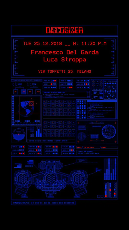 Front view of the flyer for the event by Discosizer and Distretto Industriale 4 that took place on 2018-12-25
