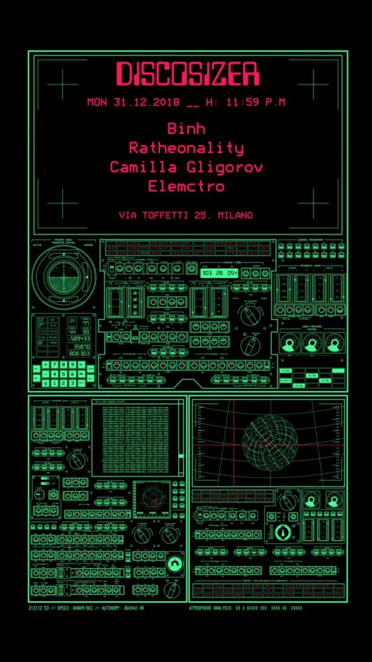 Front view of the flyer for the event by Discosizer and Distretto Industriale 4 that took place on 2018-12-31