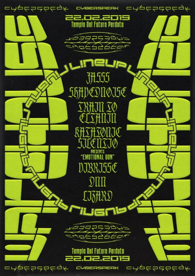 Back view of the flyer for the event by Cyberspeak and Tempio del Futuro Perduto that took place on 2019-02-22
