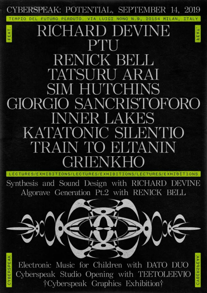 Front view of the flyer for the event by Cyberspeak and Tempio del Futuro Perduto that took place on 2019-09-14