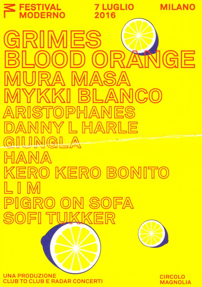 Back view of the flyer for the event by Festival Moderno, Club To Club, Radar Concerti, and Circolo Magnolia that took place on 2016-07-07