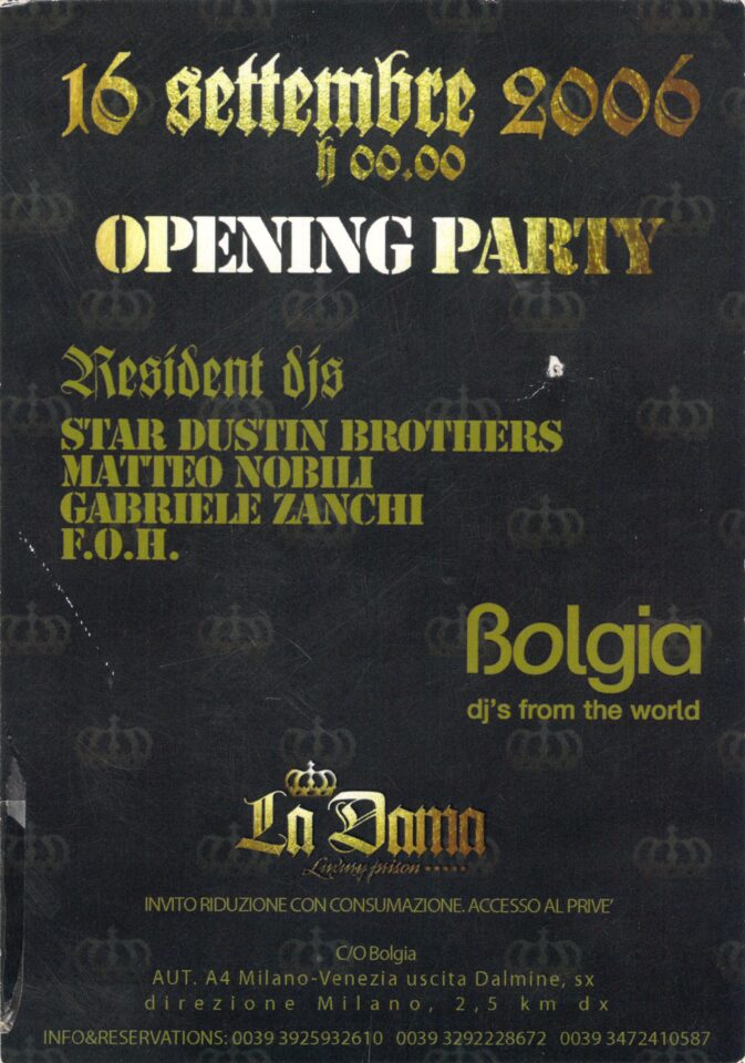Back view of the flyer for the event by La dama and Bolgia that took place on 2006-09-16